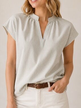 HALARA Sage Green Seersucker Stripe Cap Sleeve Blouse XL XXL